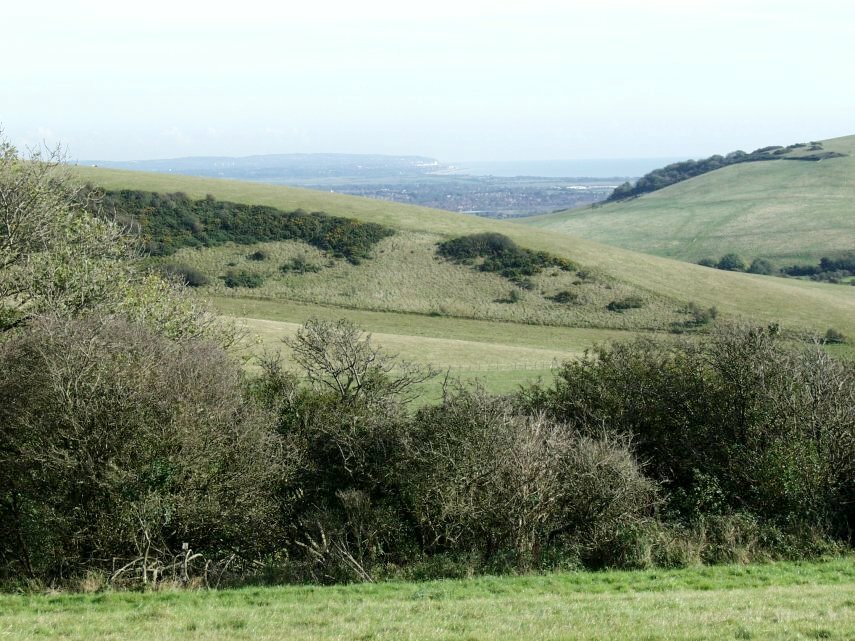 Eastbourne and the Coast from Windover Hill, Alfriston, Sussex, England, Great Britain