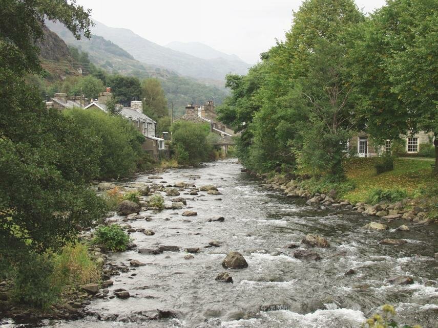 Scene showing the River Glaslyn, Beddgelert, Snowdonia, Gwynedd, Wales