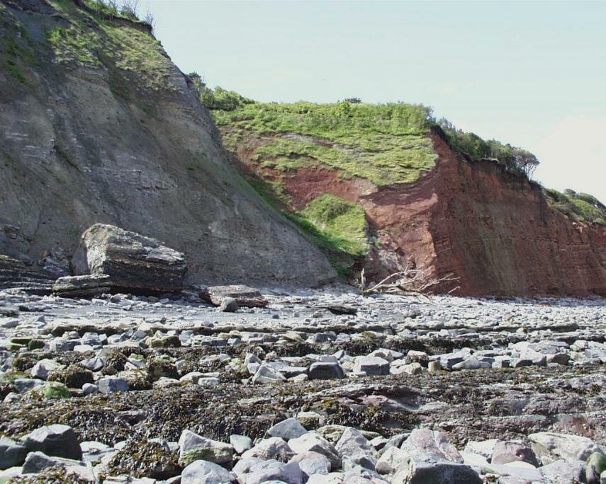 Scene showing a fault between Late Triassic and Lower Jurassic rocks, Blue Anchor, Somerset, England