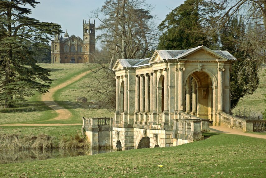 The Palladian Bridge and the Gothic Temple, Stowe Gardens, Buckingham, Buckinghamshire, England, Great Britain