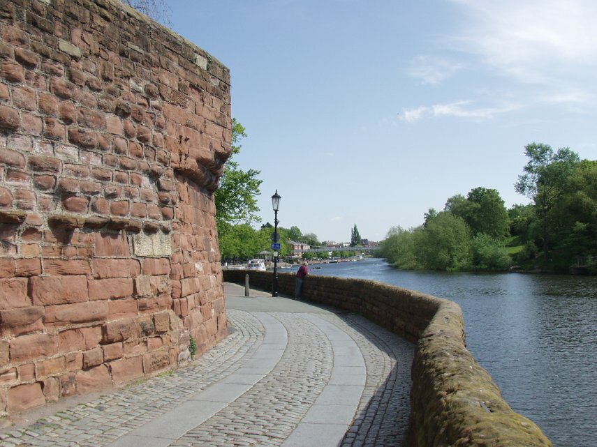 View of the City Wall and the River Dee, Chester, Cheshire, Great Britain