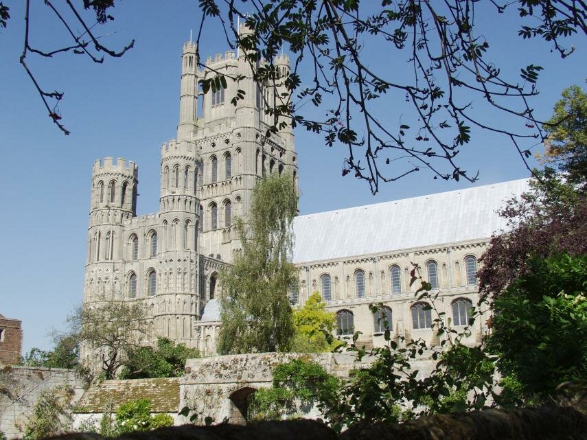 The West Tower from the Bishop's Garden, Ely Cathedral, Ely, Cambridgeshire, England, Great Britain