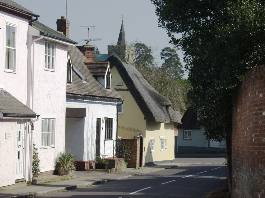 Thatched Cottage and Church, Great Bardfield, Essex, England, Great Britain