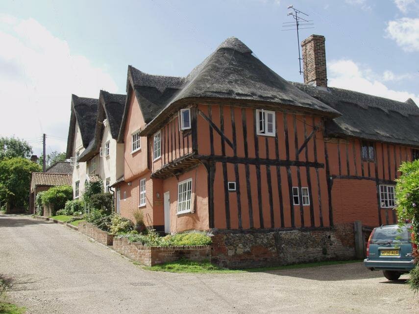 Scene showing Thatched houses, Kersey, Suffolk, England