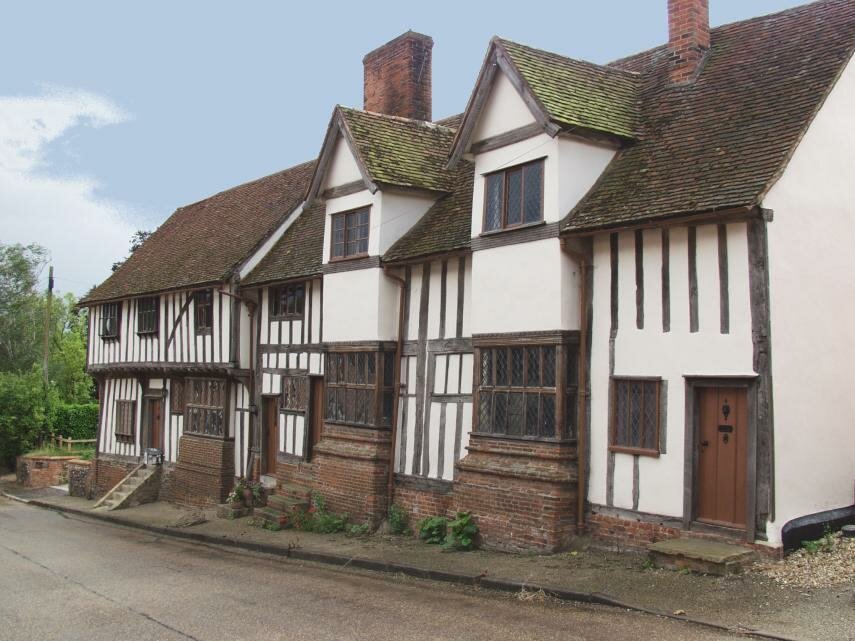 Scene showing medieval weavers houses, Kersey, Suffolk, England