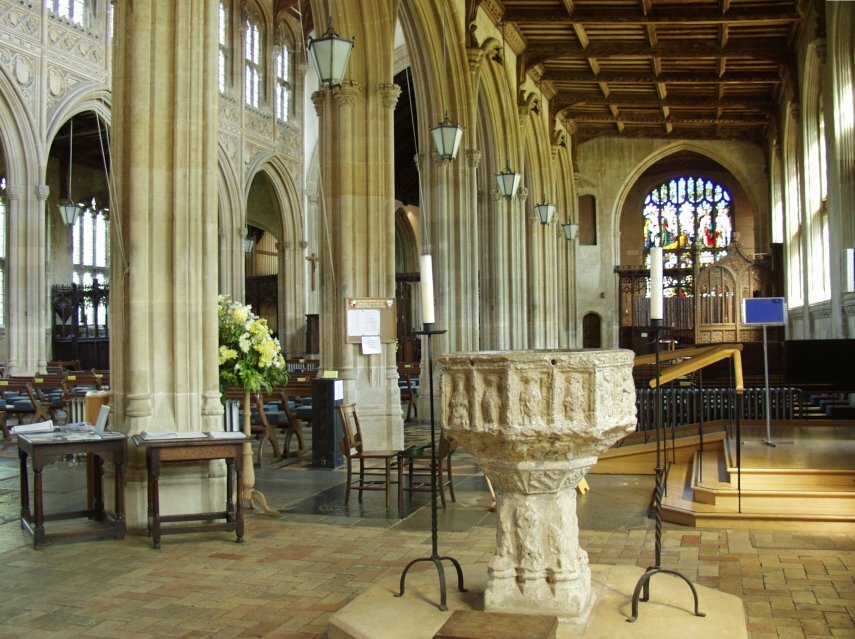 The Font and South Aisle, Church of St. Peter & St. Paul, Lavenham, Suffolk, England, Great Britain