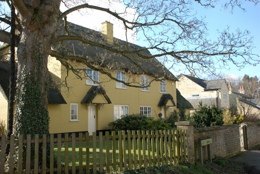 Thatched Semi-detached cottages, Lode, Cambridgeshire, England, Great Britain