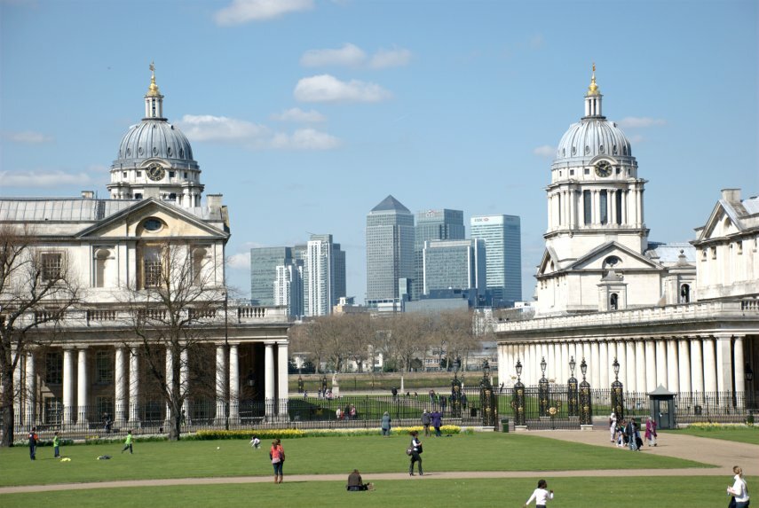 The Old Royal Navy College and Canary Wharf, Greenwich, London, England, Great Britain