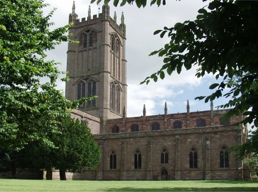Scene showing the church of St. Lawrence, Ludlow, Shropshire, England