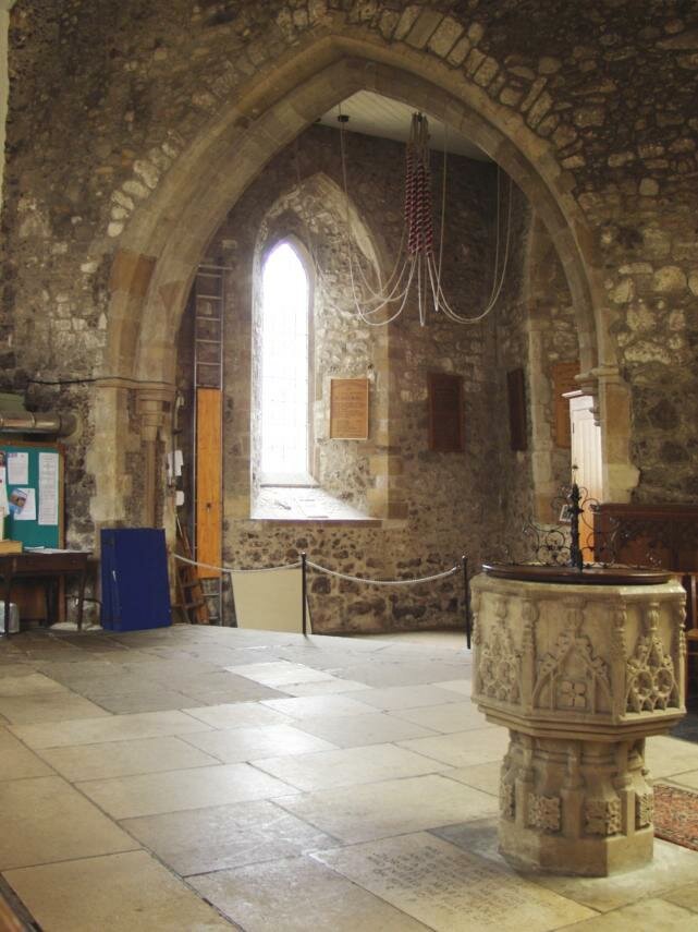 The Font and Tower Entrance, All Saints Church, Maldon, Essex, England, Great Britain