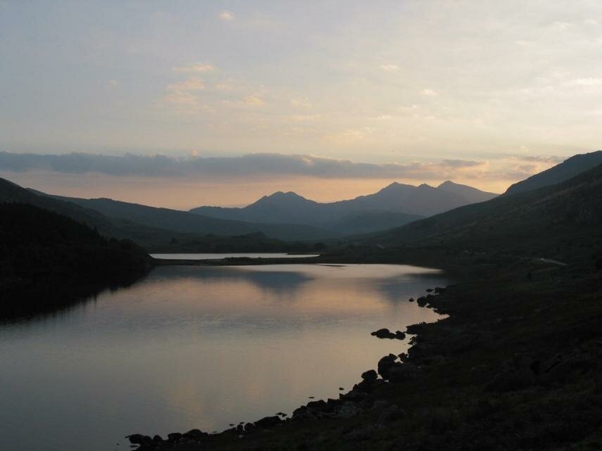 The Snowdon massif at sunset, Caernarfonshire, Wales, Great Britain