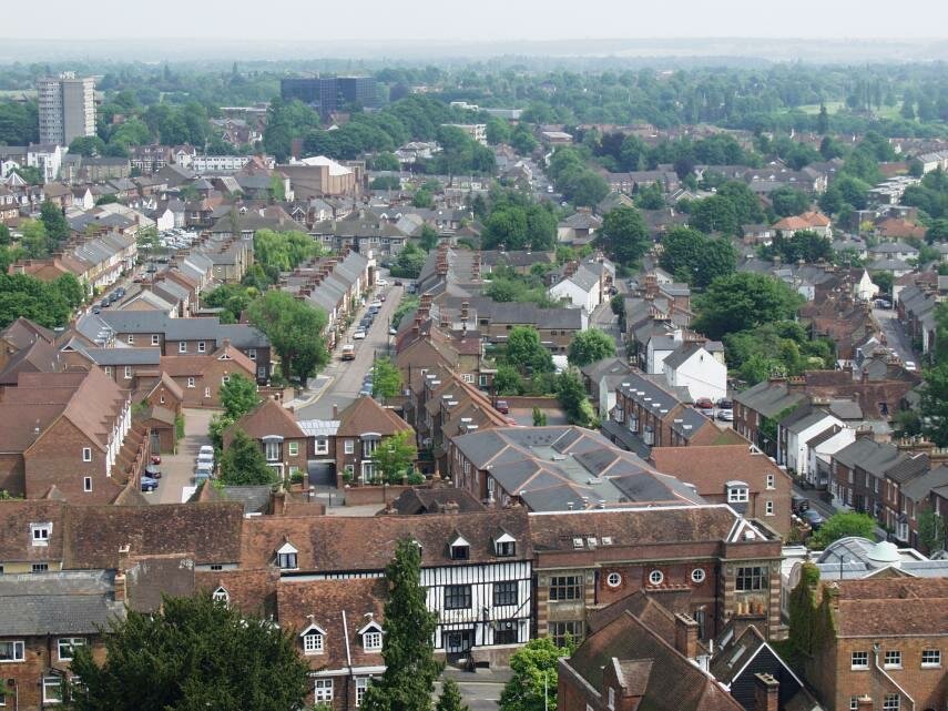 View South-East from the Tower, St. Albans Cathedral, St. Albans, Hertfordshire, England, Great Britain