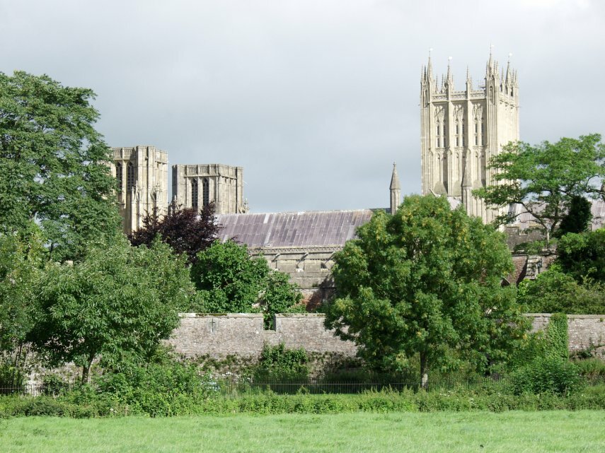 Wells Cathedral seen from the path to Dulcote, Wells, Somerset, England, Great Britain