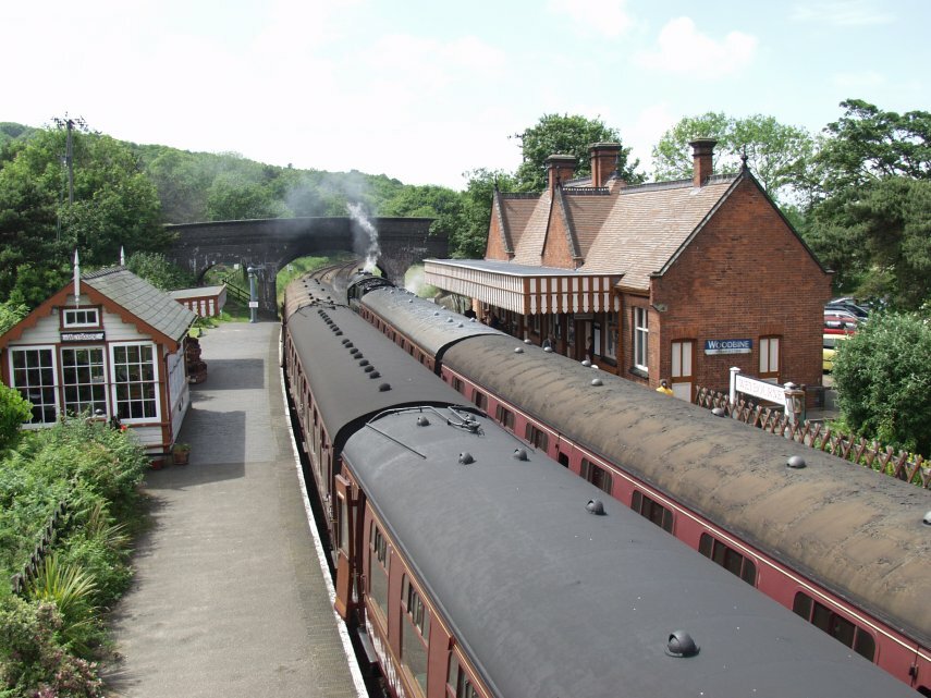 Steam hauled train at Weybourne Station on the North Norfolk Railway, Weybourne, Norfolk, England