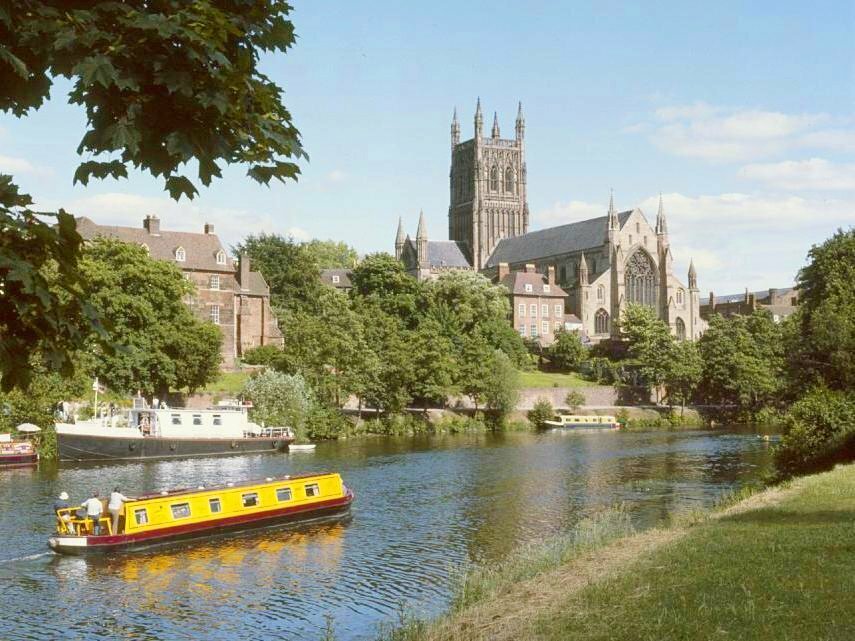 Worcester Cathedral and Narrowboat, Worcestershire, England, Great Britain