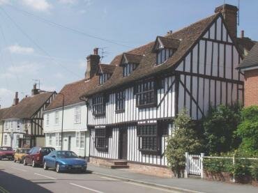 View of timber-framed buildings in Church Street, Coggeshall, Essex, England