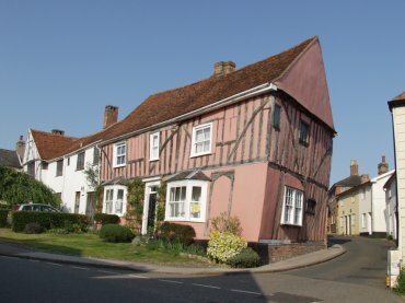View of a timber-framed house in High Street, Lavenham, Suffolk,