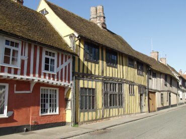 View of timber-framed houses in Water Street, Lavenham, Suffolk,