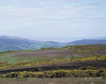 Photograph on the edge of Exmoor on Porlock Hill, near the junction of the B3223 and the A39 roads, looking out over the Bristol Channel