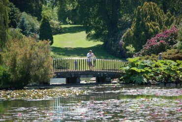 Scene showing Middle Lake Bridge, Sheffield Park Gardens, Sussex, England